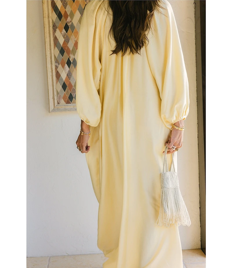 Antonio Melani x Stephanie Covington Ashley Voile Ruched Scoop Neck Long Blouson Sleeve Caftan Maxi Dress