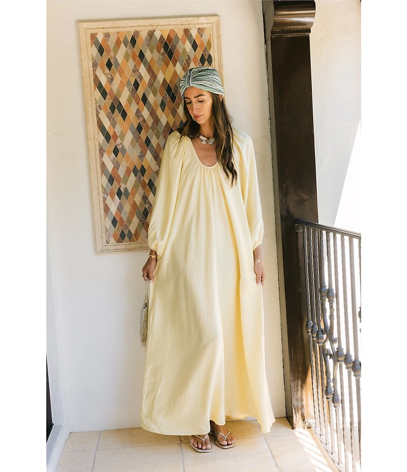 Antonio Melani x Stephanie Covington Ashley Voile Ruched Scoop Neck Long Blouson Sleeve Caftan Maxi Dress