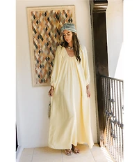Antonio Melani x Stephanie Covington Ashley Voile Ruched Scoop Neck Long Blouson Sleeve Caftan Maxi Dress