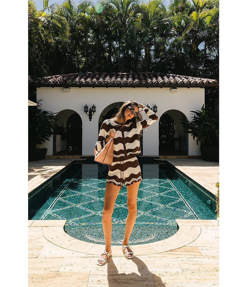 Antonio Melani x Stephanie Covington Camille Scalloped Stripe Crochet Cardigan & Short Set
