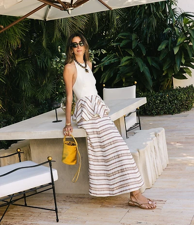 Antonio Melani x Stephanie Covington Elana Linen Blend Stripe Halter Tie Open Back Peplum A-Line Maxi Dress