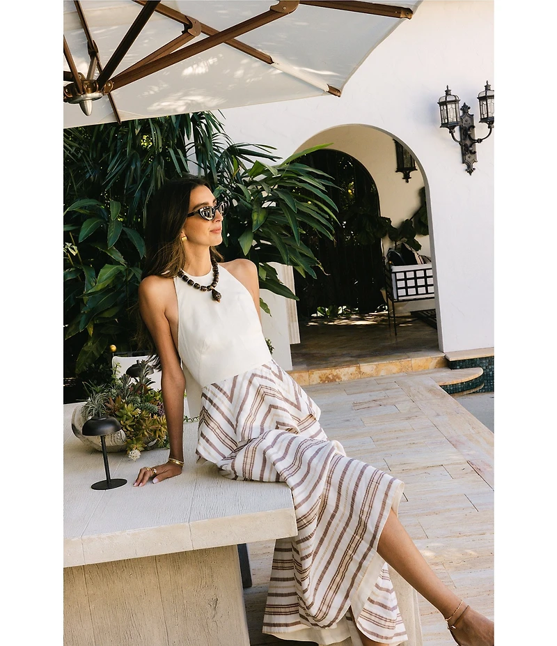 Antonio Melani x Stephanie Covington Elana Linen Blend Stripe Halter Tie Open Back Peplum A-Line Maxi Dress