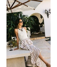 Antonio Melani x Stephanie Covington Elana Linen Blend Stripe Halter Tie Open Back Peplum A-Line Maxi Dress