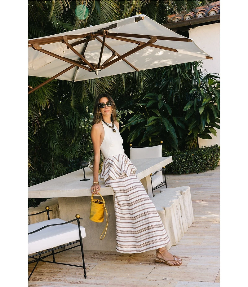 Antonio Melani x Stephanie Covington Elana Linen Blend Stripe Halter Tie Open Back Peplum A-Line Maxi Dress