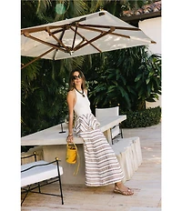 Antonio Melani x Stephanie Covington Elana Linen Blend Stripe Halter Tie Open Back Peplum A-Line Maxi Dress
