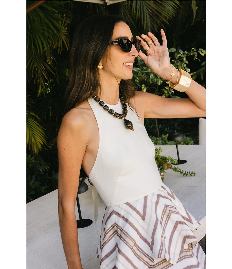Antonio Melani x Stephanie Covington Elana Linen Blend Stripe Halter Tie Open Back Peplum A-Line Maxi Dress