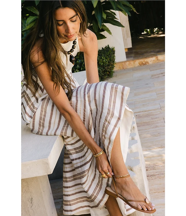 Antonio Melani x Stephanie Covington Elana Linen Blend Stripe Halter Tie  Open Back Peplum A-Line Maxi Dress at CoolSprings Galleria in Franklin, TN