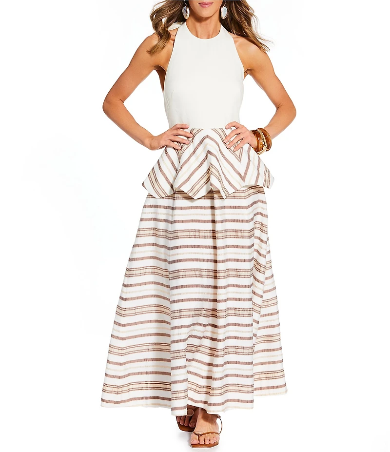 Antonio Melani x Stephanie Covington Elana Linen Blend Stripe Halter Tie Open Back Peplum A-Line Maxi Dress