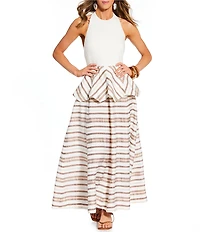 Antonio Melani x Stephanie Covington Elana Linen Blend Stripe Halter Tie Open Back Peplum A-Line Maxi Dress