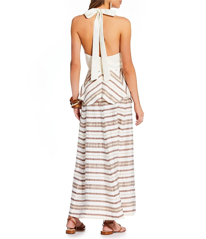Antonio Melani x Stephanie Covington Elana Linen Blend Stripe Halter Tie Open Back Peplum A-Line Maxi Dress