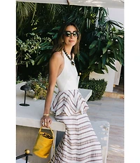 Antonio Melani x Stephanie Covington Elana Linen Blend Stripe Halter Tie Open Back Peplum A-Line Maxi Dress