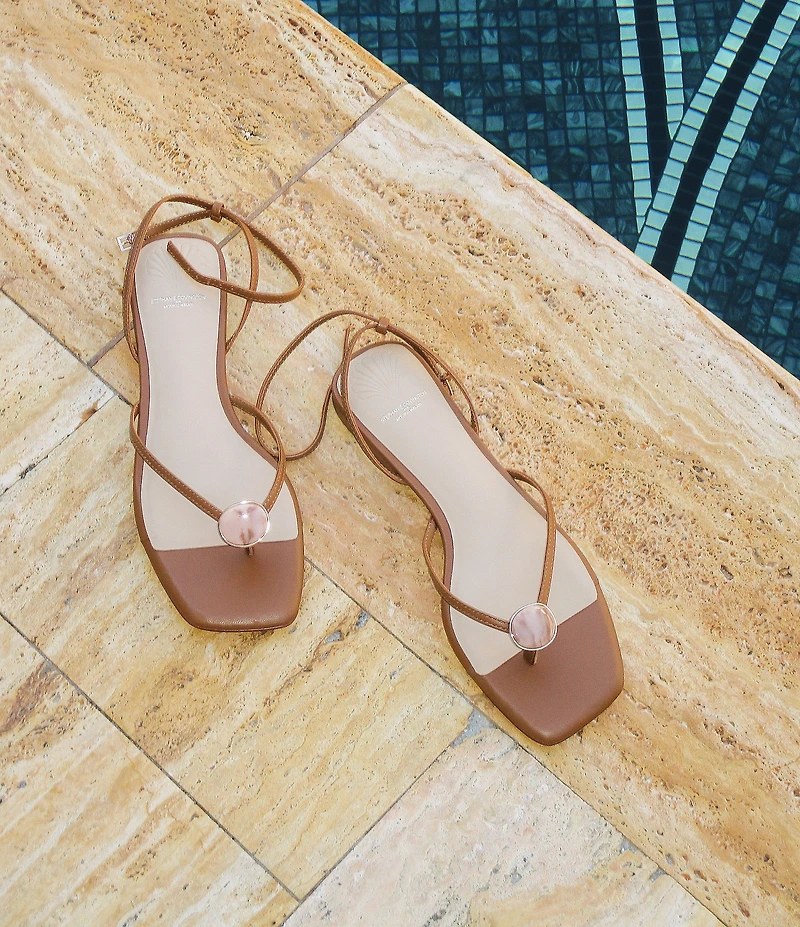 Antonio Melani x Stephanie Covington Erika Leather Ankle Strap Ornamented Thong Flat Sandals