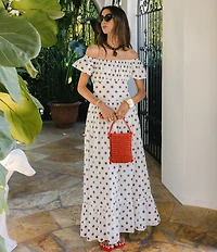 Antonio Melani x Stephanie Covington Jacqueline Voile Polka Dot Off the Shoulder A-Line Flounce Maxi Dress