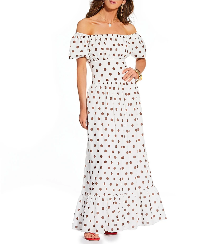 Antonio Melani x Stephanie Covington Jacqueline Voile Polka Dot Off the Shoulder A-Line Flounce Maxi Dress