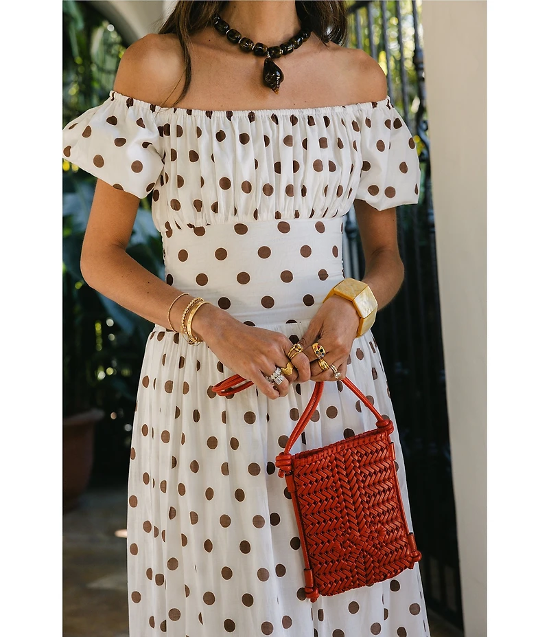 Antonio Melani x Stephanie Covington Jacqueline Voile Polka Dot Off the Shoulder A-Line Flounce Maxi Dress