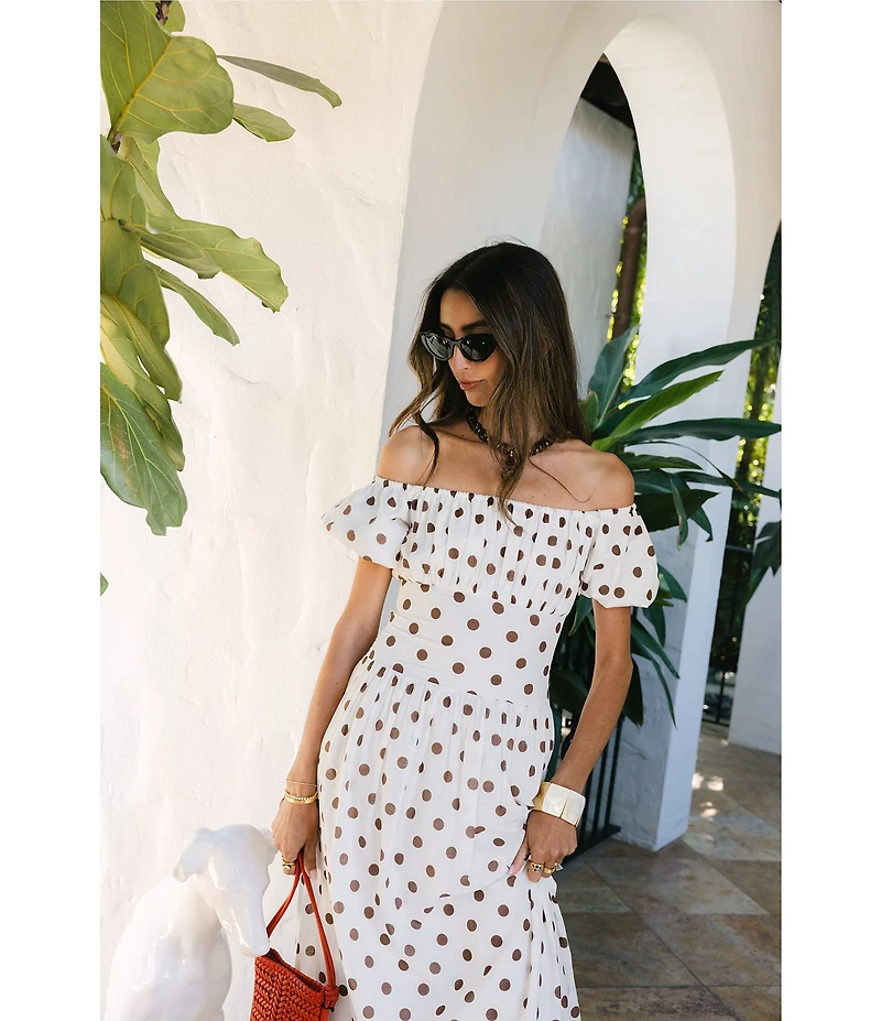 Antonio Melani x Stephanie Covington Jacqueline Voile Polka Dot Off the Shoulder A-Line Flounce Maxi Dress
