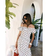 Antonio Melani x Stephanie Covington Jacqueline Voile Polka Dot Off the Shoulder A-Line Flounce Maxi Dress