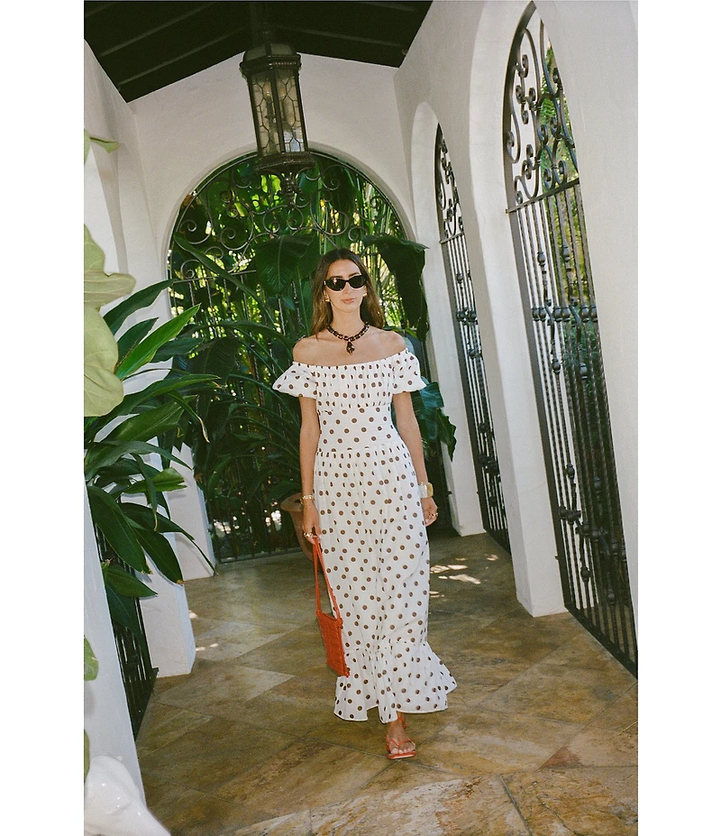 Antonio Melani x Stephanie Covington Jacqueline Voile Polka Dot Off the Shoulder A-Line Flounce Maxi Dress
