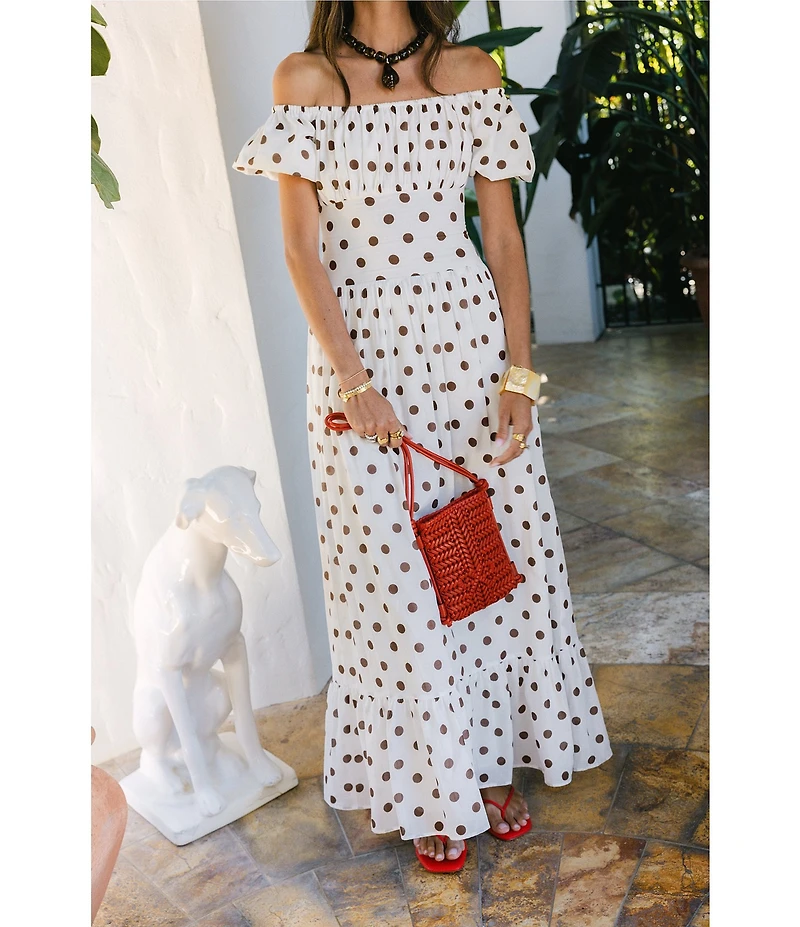 Antonio Melani x Stephanie Covington Jacqueline Voile Polka Dot Off the Shoulder A-Line Flounce Maxi Dress