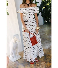 Antonio Melani x Stephanie Covington Jacqueline Voile Polka Dot Off the Shoulder A-Line Flounce Maxi Dress