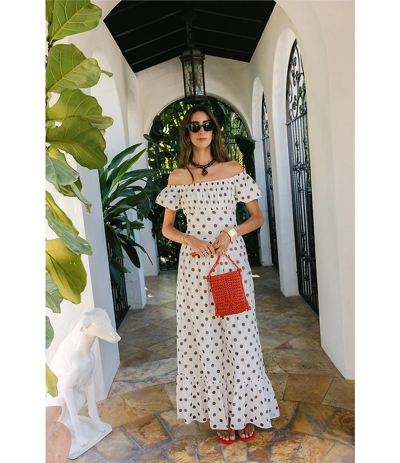 Antonio Melani x Stephanie Covington Jacqueline Voile Polka Dot Off the Shoulder A-Line Flounce Maxi Dress