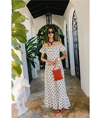 Antonio Melani x Stephanie Covington Jacqueline Voile Polka Dot Off the Shoulder A-Line Flounce Maxi Dress