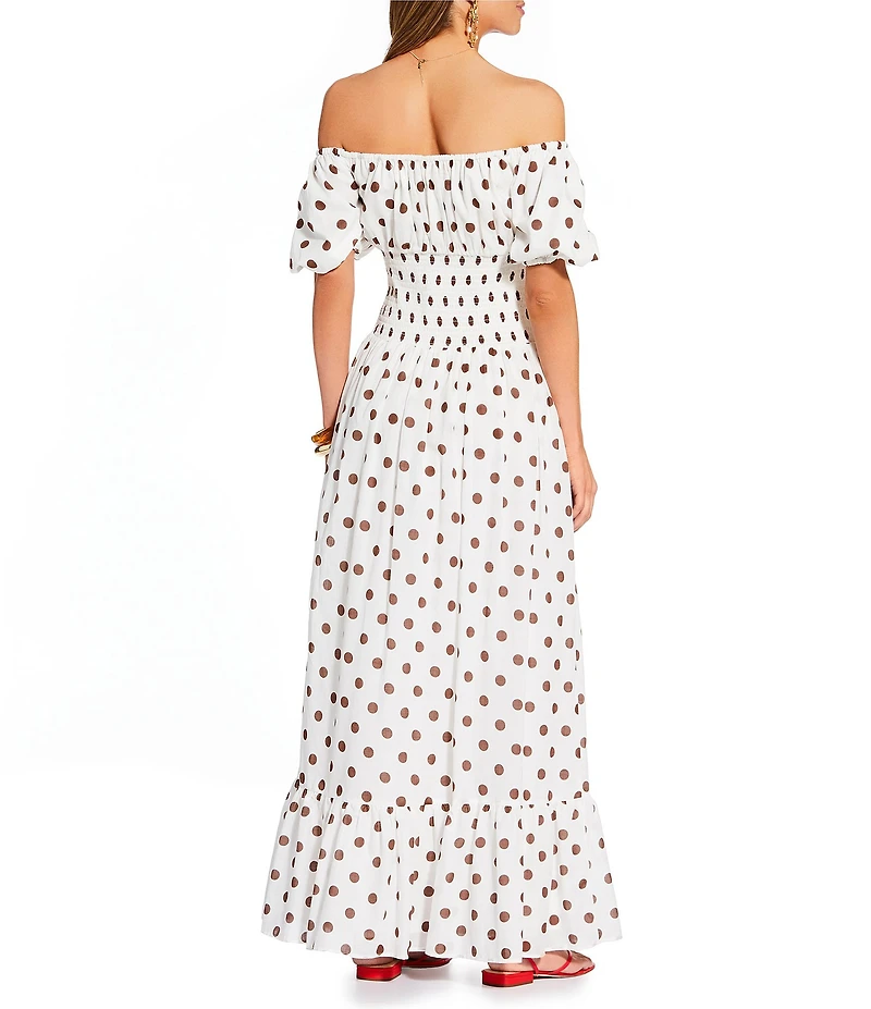 Antonio Melani x Stephanie Covington Jacqueline Voile Polka Dot Off the Shoulder A-Line Flounce Maxi Dress