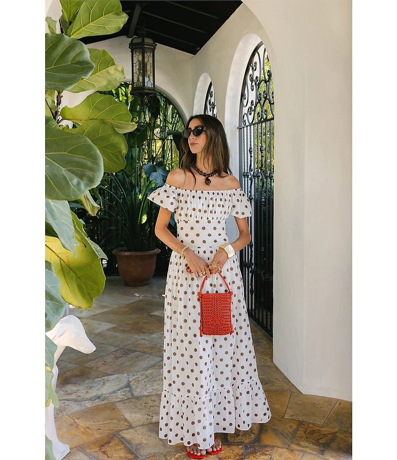 Antonio Melani x Stephanie Covington Jacqueline Voile Polka Dot Off the Shoulder A-Line Flounce Maxi Dress