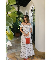 Antonio Melani x Stephanie Covington Jacqueline Voile Polka Dot Off the Shoulder A-Line Flounce Maxi Dress