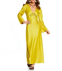 Antonio Melani x Stephanie Covington Julia Satin Cutout V-Neck Tie Front Long Bell Sleeve Slip Maxi Dress