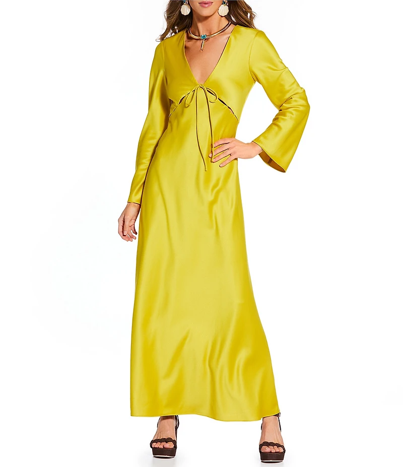 Antonio Melani x Stephanie Covington Julia Satin Cutout V-Neck Tie Front Long Bell Sleeve Slip Maxi Dress