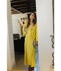 Antonio Melani x Stephanie Covington Julia Satin Cutout V-Neck Tie Front Long Bell Sleeve Slip Maxi Dress