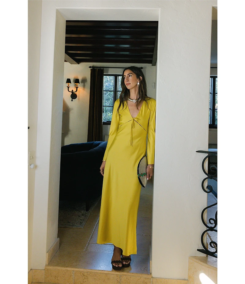 Antonio Melani x Stephanie Covington Julia Satin Cutout V-Neck Tie Front Long Bell Sleeve Slip Maxi Dress