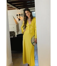 Antonio Melani x Stephanie Covington Julia Satin Cutout V-Neck Tie Front Long Bell Sleeve Slip Maxi Dress