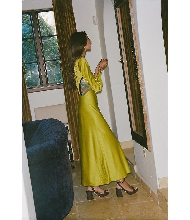Antonio Melani x Stephanie Covington Julia Satin Cutout V-Neck Tie Front Long Bell Sleeve Slip Maxi Dress