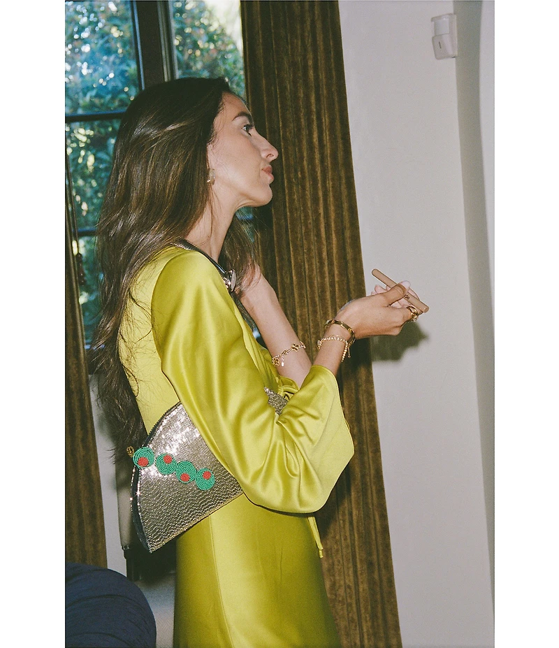 Antonio Melani x Stephanie Covington Julia Satin Cutout V-Neck Tie Front Long Bell Sleeve Slip Maxi Dress