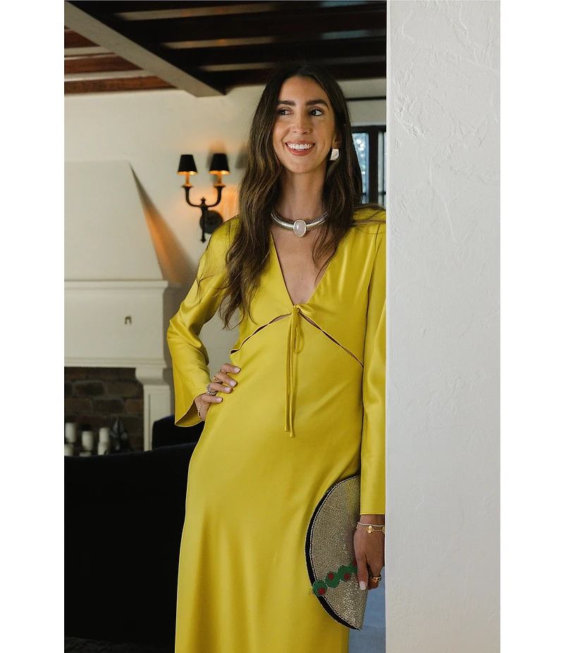 Antonio Melani x Stephanie Covington Julia Satin Cutout V-Neck Tie Front Long Bell Sleeve Slip Maxi Dress