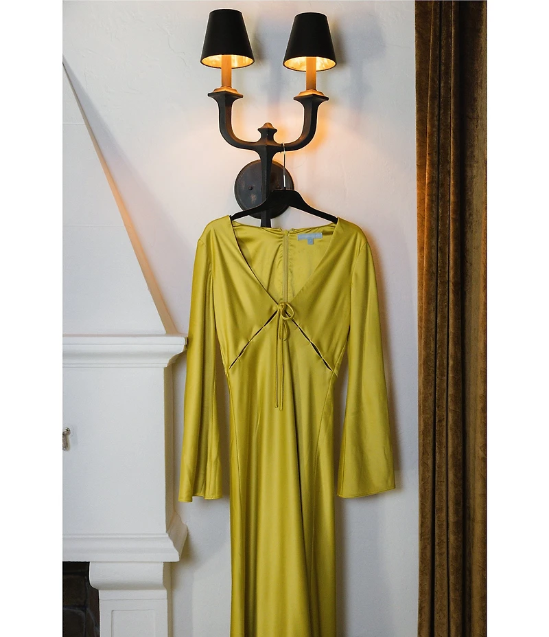 Antonio Melani x Stephanie Covington Julia Satin Cutout V-Neck Tie Front Long Bell Sleeve Slip Maxi Dress