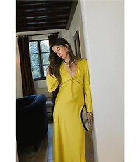 Antonio Melani x Stephanie Covington Julia Satin Cutout V-Neck Tie Front Long Bell Sleeve Slip Maxi Dress