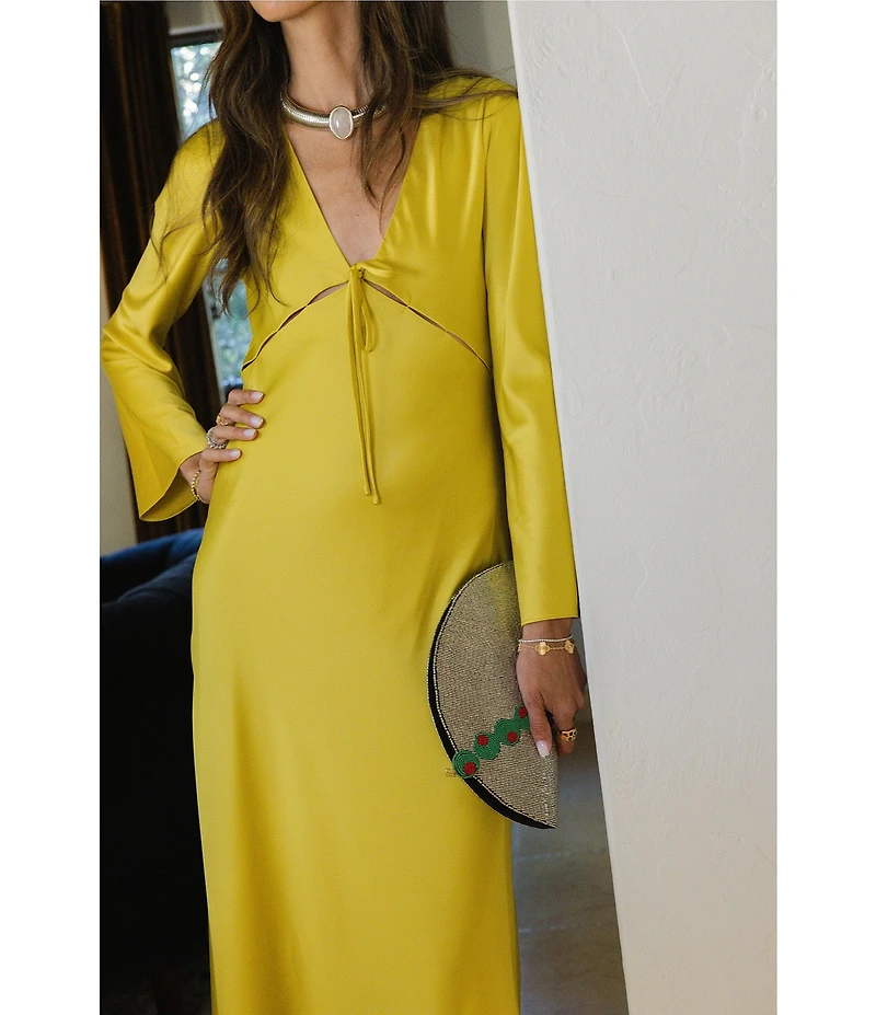Antonio Melani x Stephanie Covington Julia Satin Cutout V-Neck Tie Front Long Bell Sleeve Slip Maxi Dress