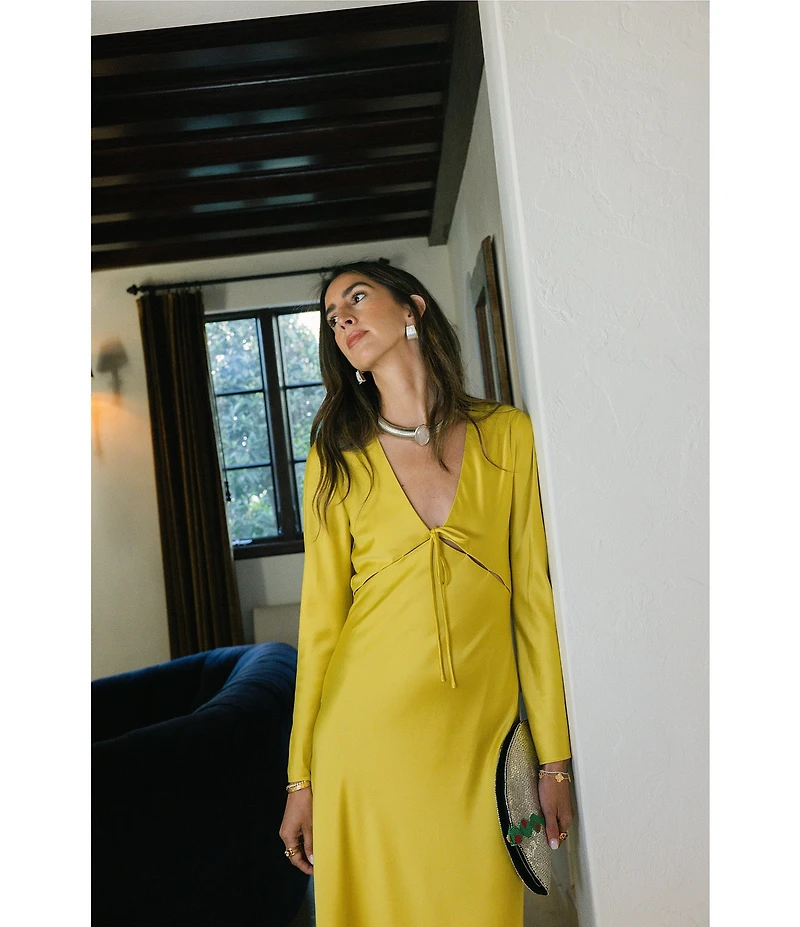 Antonio Melani x Stephanie Covington Julia Satin Cutout V-Neck Tie Front Long Bell Sleeve Slip Maxi Dress