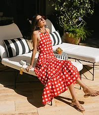 Antonio Melani x Stephanie Covington Nicole Poplin Printed Gingham Jewel Neck Open Back A-Line Maxi Dress