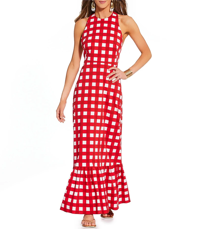 Antonio Melani x Stephanie Covington Nicole Poplin Printed Gingham Jewel Neck Open Back A-Line Maxi Dress
