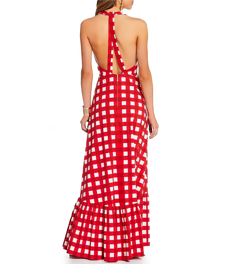 Antonio Melani x Stephanie Covington Nicole Poplin Printed Gingham Jewel Neck Open Back A-Line Maxi Dress