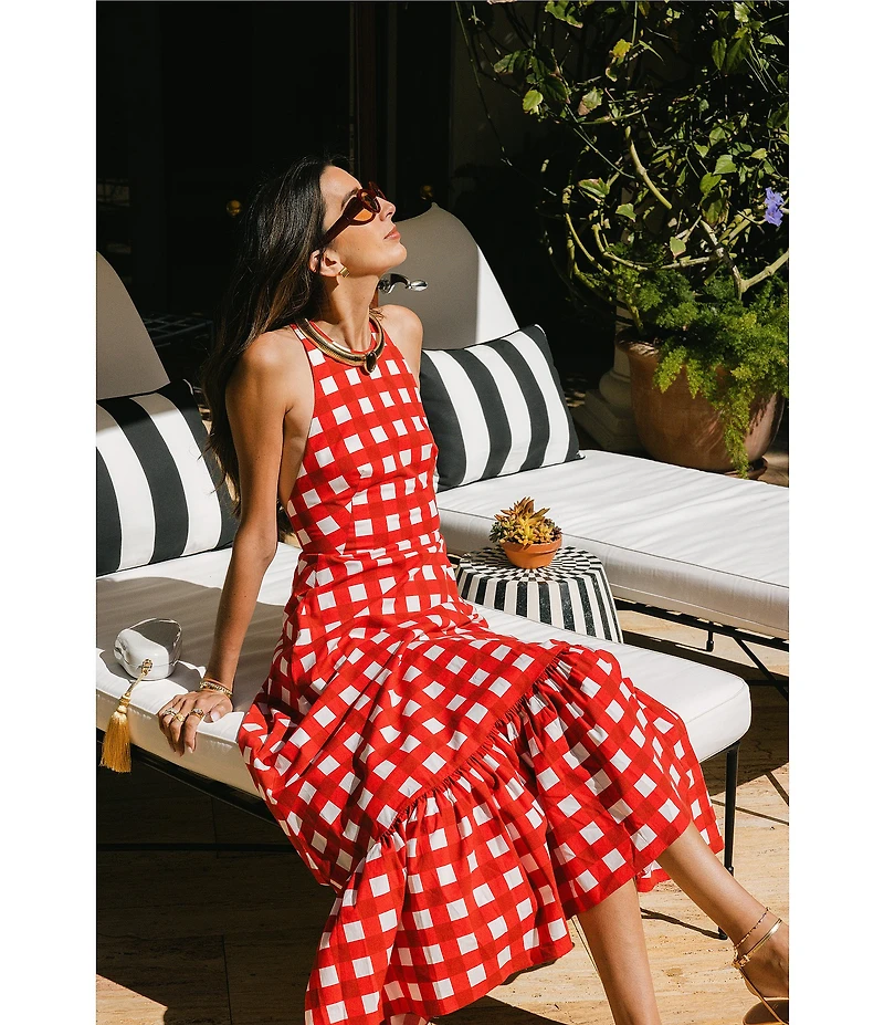 Antonio Melani x Stephanie Covington Nicole Poplin Printed Gingham Jewel Neck Open Back A-Line Maxi Dress