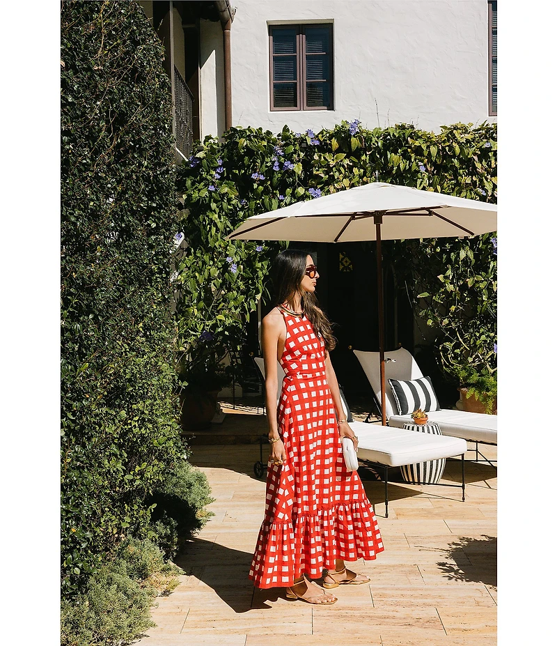 Antonio Melani x Stephanie Covington Nicole Poplin Printed Gingham Jewel Neck Open Back A-Line Maxi Dress