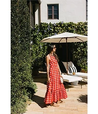 Antonio Melani x Stephanie Covington Nicole Poplin Printed Gingham Jewel Neck Open Back A-Line Maxi Dress
