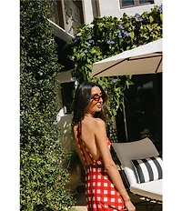 Antonio Melani x Stephanie Covington Nicole Poplin Printed Gingham Jewel Neck Open Back A-Line Maxi Dress