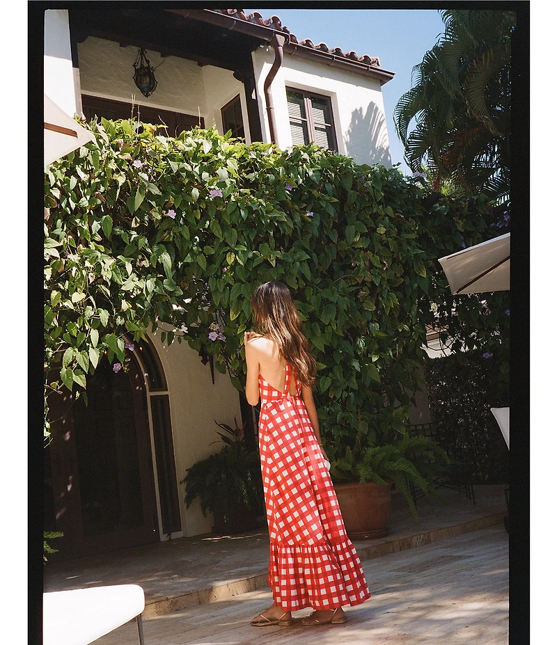 Antonio Melani x Stephanie Covington Nicole Poplin Printed Gingham Jewel Neck Open Back A-Line Maxi Dress
