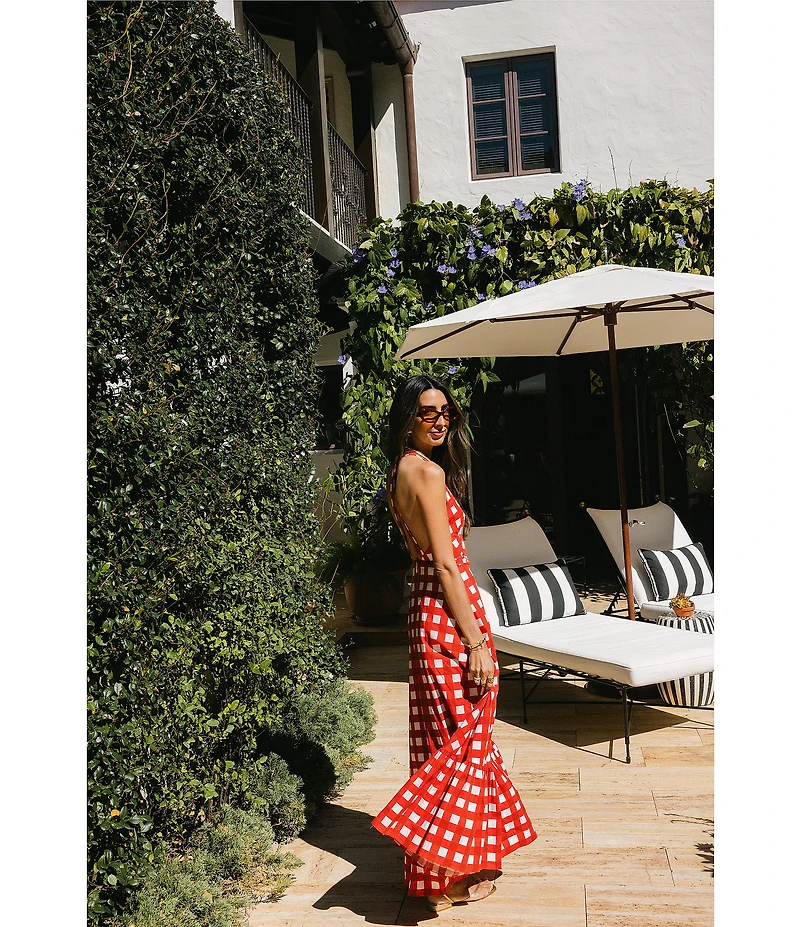 Antonio Melani x Stephanie Covington Nicole Poplin Printed Gingham Jewel Neck Open Back A-Line Maxi Dress